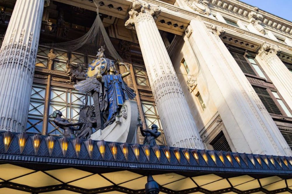 external view of selfridges from a perspective looking upwards
