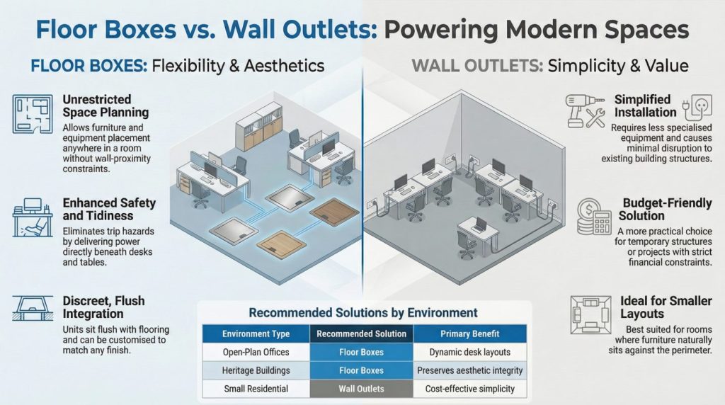 infographic showing a comparison between floor boxes and wall outlets