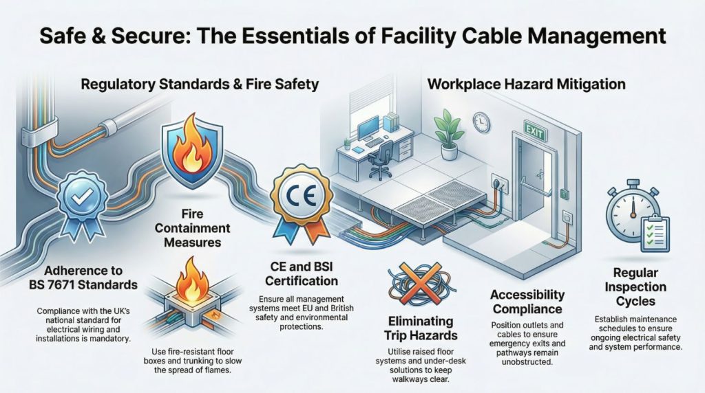 Compliance and Safety: The Importance of Cable Management in Facilities 1 infographic showing the essentials of facility cable management and the importance of compliance and safety